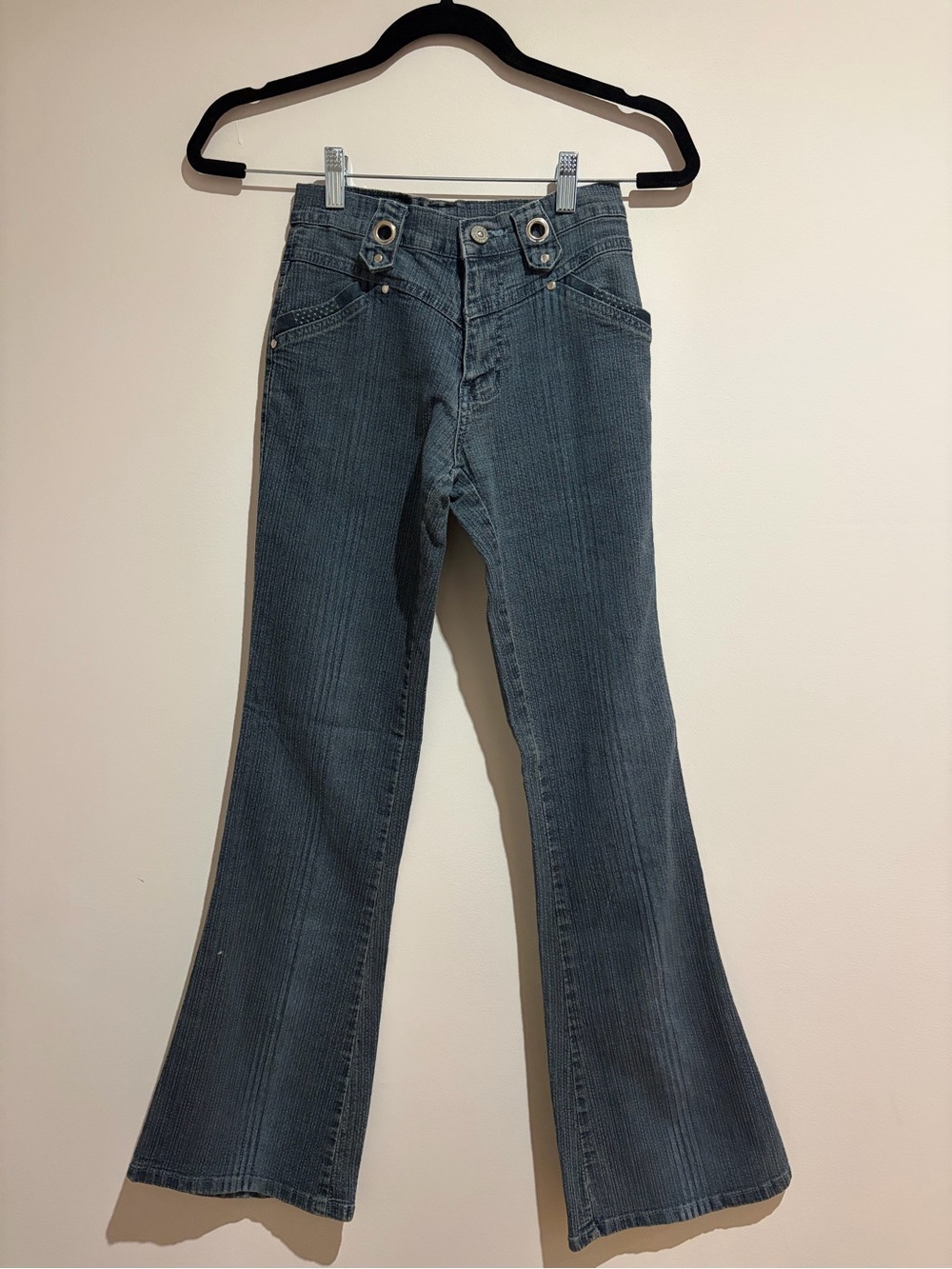 Vintage Y2K grommet Pocket Pinstripe vertical stripe Texture Dark Flared Jeans